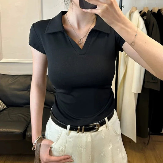 Cotton Summer Sexy Women's T Shirt Skinny Slim Basic Solid Crop Top Short Sleeve Polo TShirtCasual Top Tee for Women