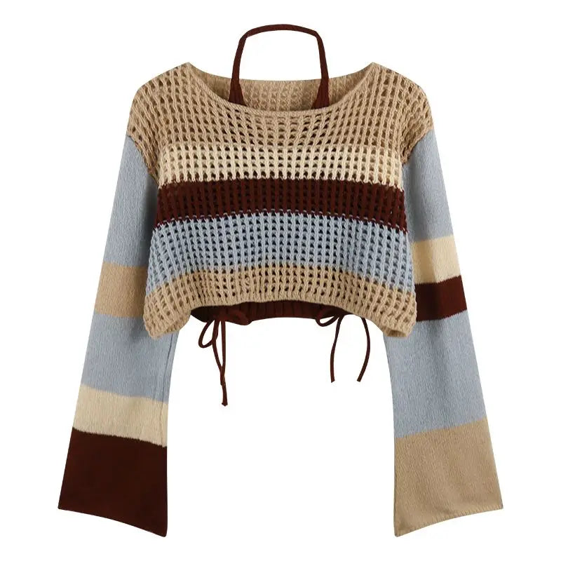 New Korean Hollow Out Long Sleeved Knitwear Hanging Neck Strap Tank Top Women Contrast Waist Drawstring Round Neck Two Piece Set
