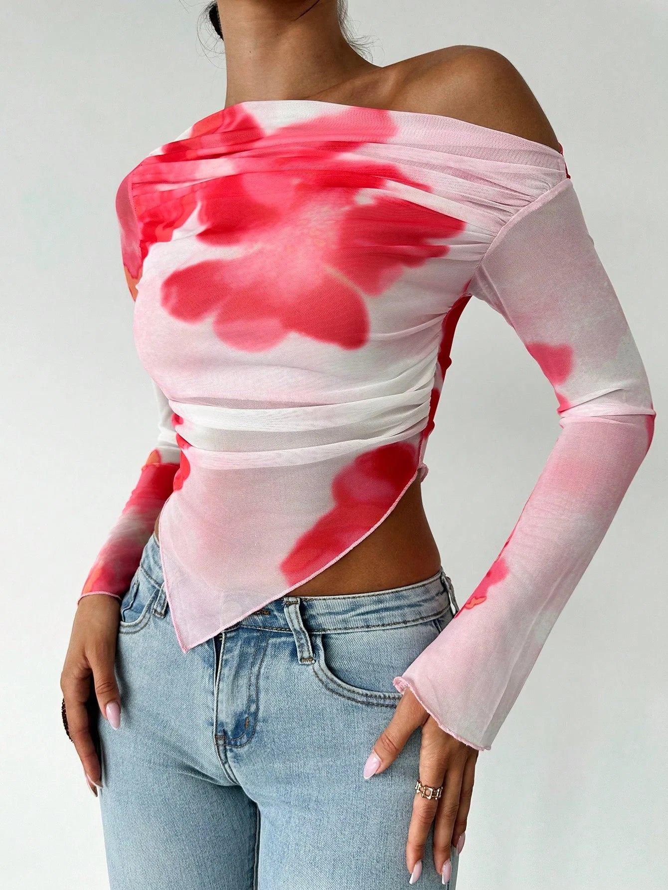 Spring and Summer Design Sense Irregular Oblique Shoulder Tie-dye Print Design Long Sleeve T-shirt Slim-fit Blouse Woman