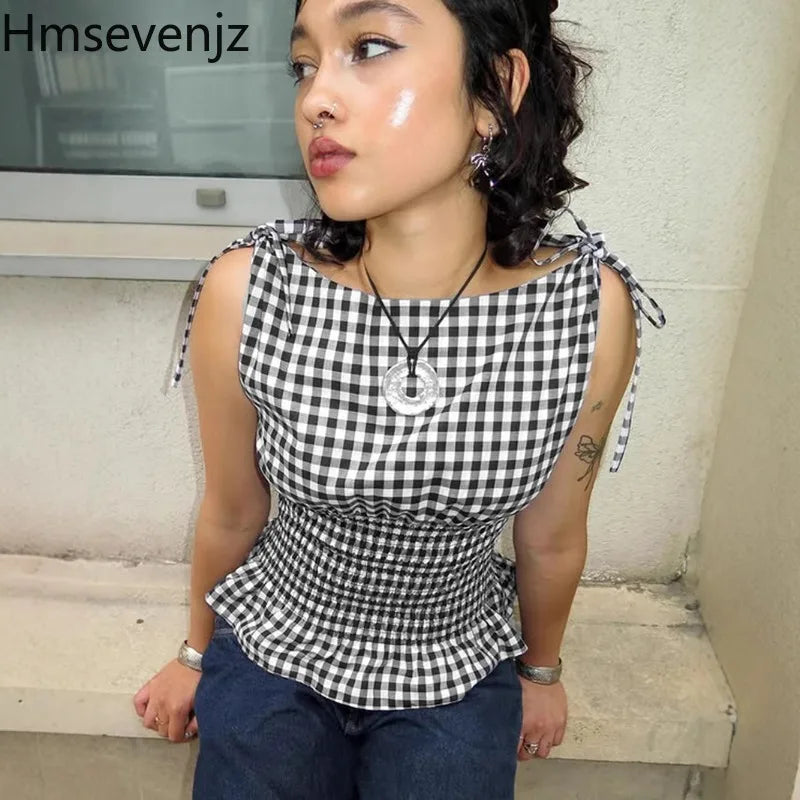 Hmsevenjz Black and White Plaid Lace-up Tank for Women's Summer Hot Girls Ruffled Edges Sleeveless Short Top Female Clothes
