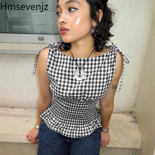 Hmsevenjz Black and White Plaid Lace-up Tank for Women's Summer Hot Girls Ruffled Edges Sleeveless Short Top Female Clothes