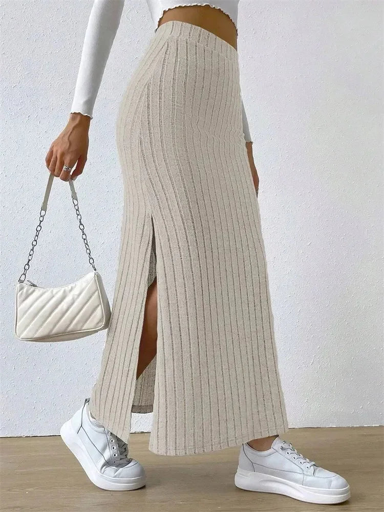 Women Rib-knit Side Split Maxi Skirt Autumn Spring Casual Elegant High Waist Straight Skirt