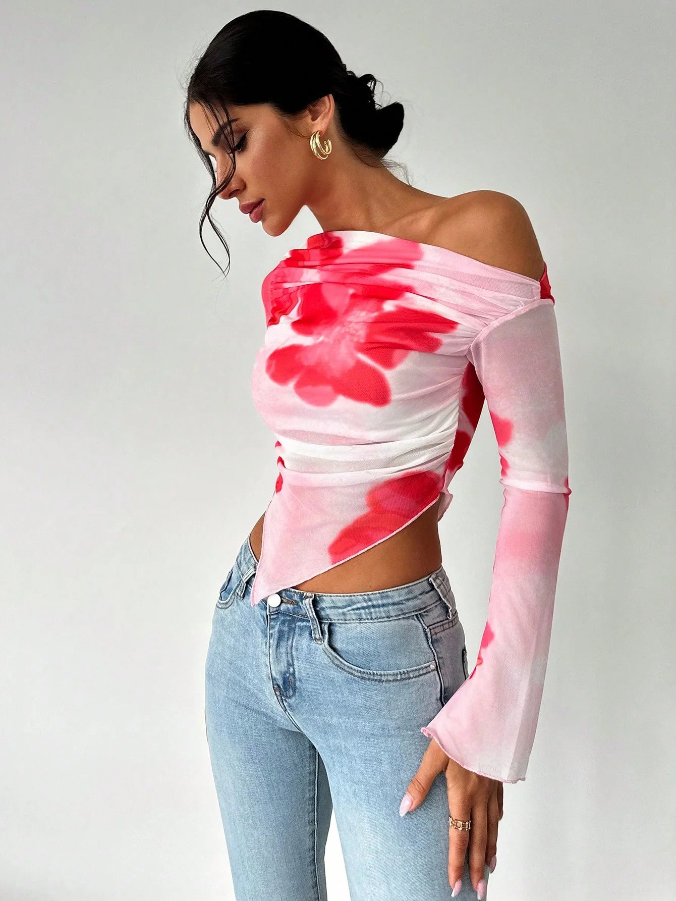 Spring and Summer Design Sense Irregular Oblique Shoulder Tie-dye Print Design Long Sleeve T-shirt Slim-fit Blouse Woman