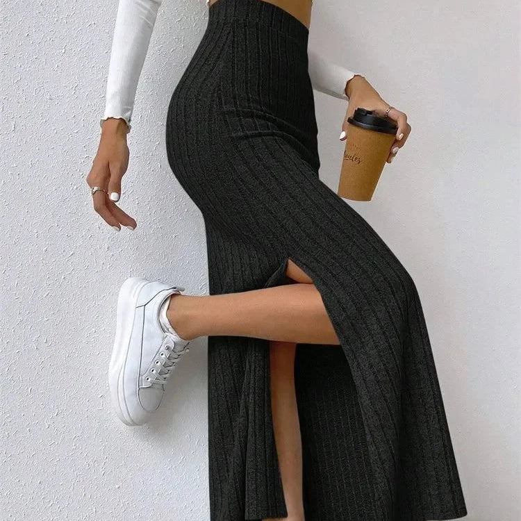 Women Rib-knit Side Split Maxi Skirt Autumn Spring Casual Elegant High Waist Straight Skirt