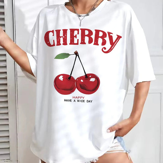 100% cotton Women Loose Fashion Cherry T-Shirt Cherry Oversize O-Neck Tops Tees T Shirt Short Sleeve Clothing Female Casual