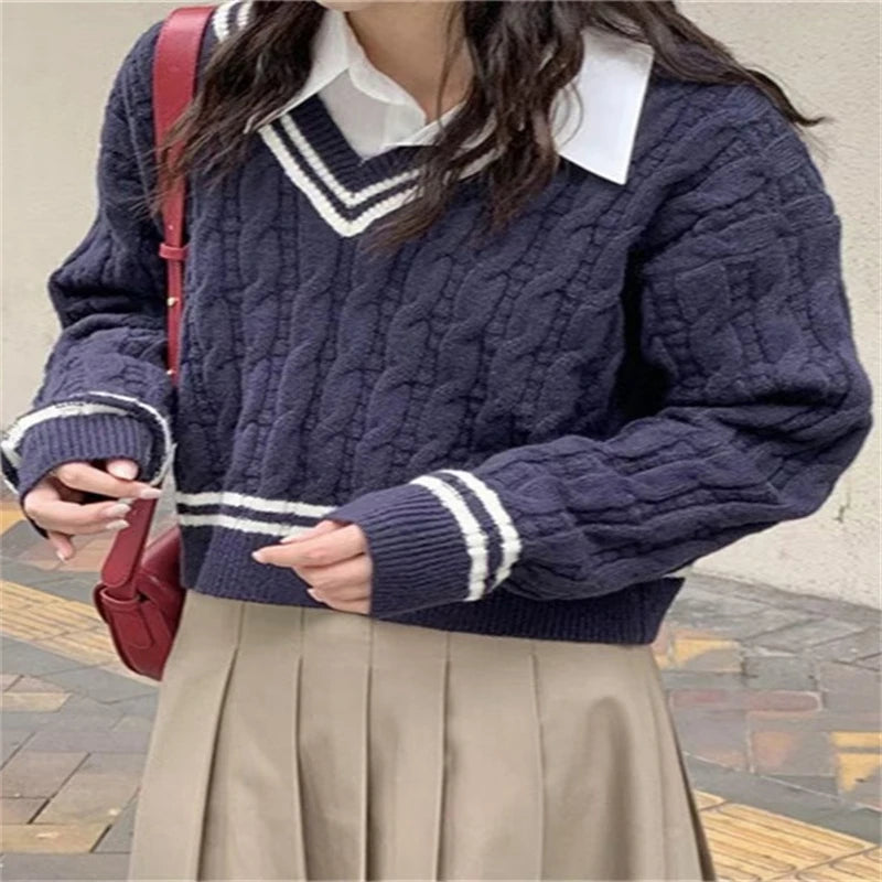 College Style Short Fried Dough Twists Contrast Round Neck Sweater Women's Autumn and Winter V Loose Knit Long Sleeved Sweater