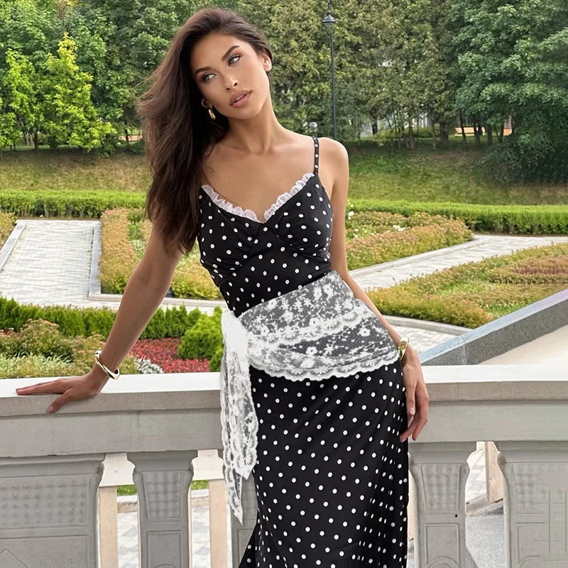 Tornova Polka Dot Suspender Long Dress Women's Sexy Deep V Neck Lace Splice Elegant Dress Vacation Slim Dresses 2025 Summer New