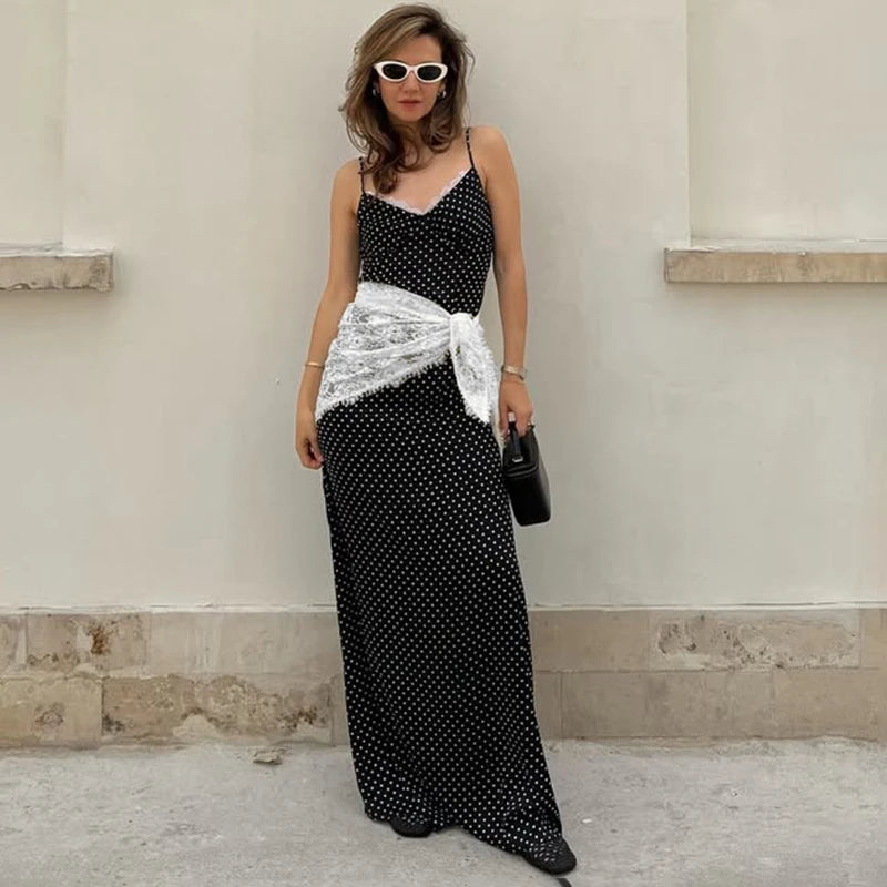 Tornova Polka Dot Suspender Long Dress Women's Sexy Deep V Neck Lace Splice Elegant Dress Vacation Slim Dresses 2025 Summer New