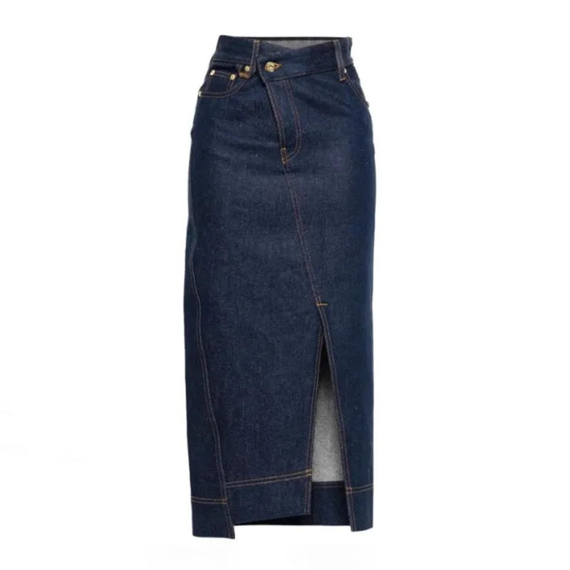 Elegant Mid-Length Denim Mini Skirt for Women High Waist Slimming Side Slit Casual Style Pure Color Polyester Autumn Fashion