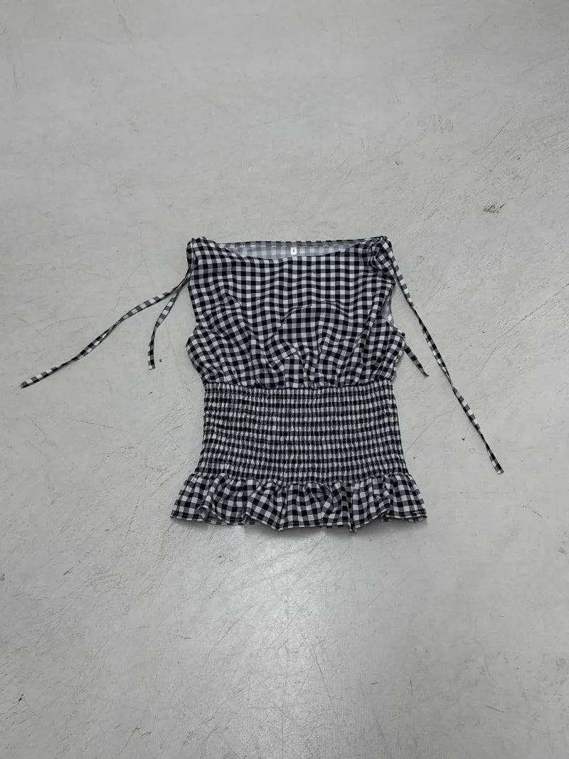 Hmsevenjz Black and White Plaid Lace-up Tank for Women's Summer Hot Girls Ruffled Edges Sleeveless Short Top Female Clothes