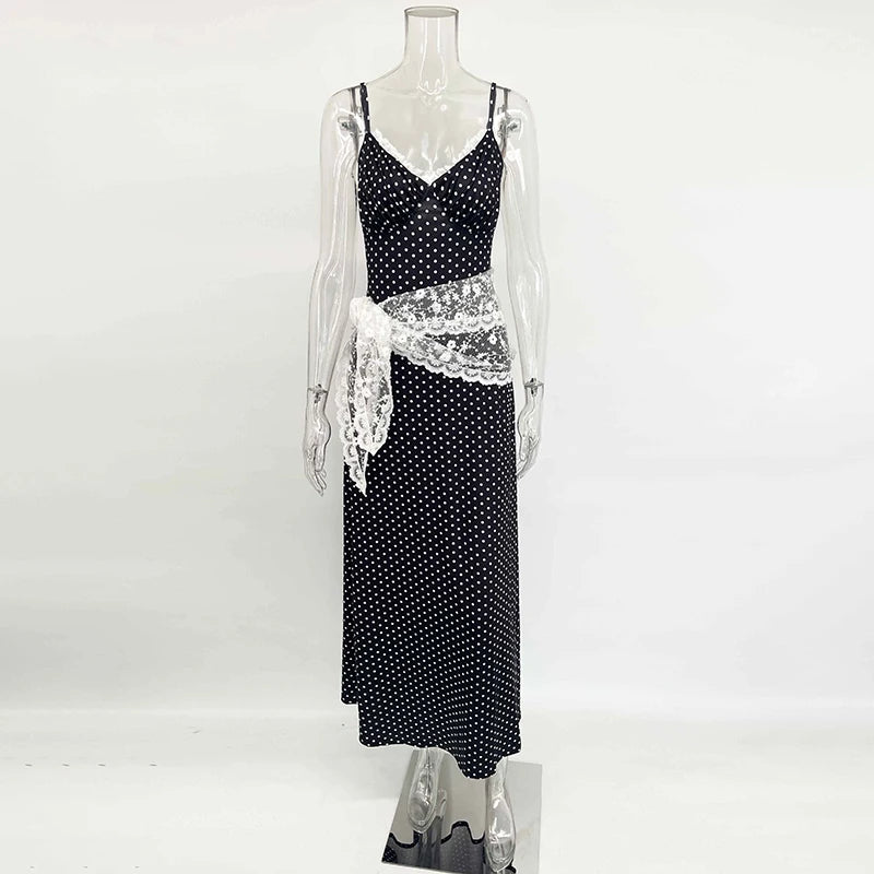 Tornova Polka Dot Suspender Long Dress Women's Sexy Deep V Neck Lace Splice Elegant Dress Vacation Slim Dresses 2025 Summer New