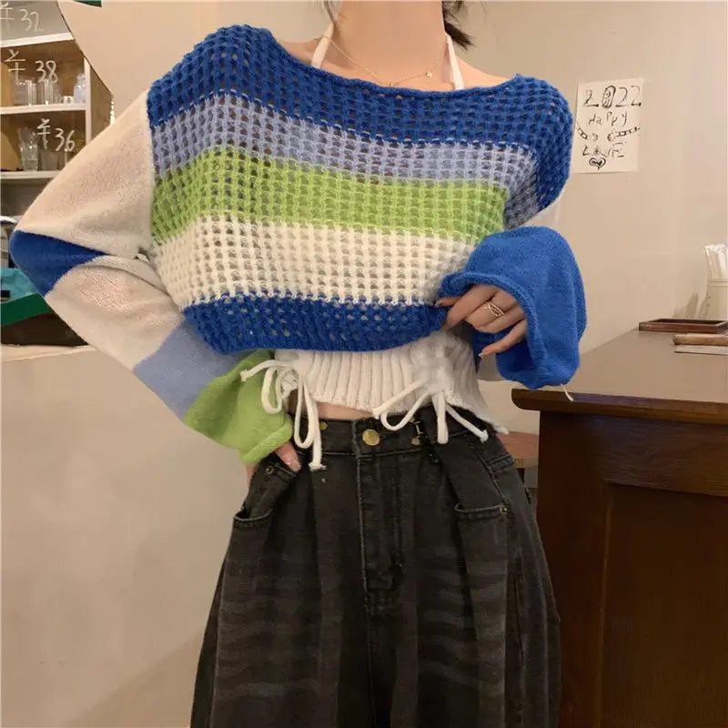 New Korean Hollow Out Long Sleeved Knitwear Hanging Neck Strap Tank Top Women Contrast Waist Drawstring Round Neck Two Piece Set