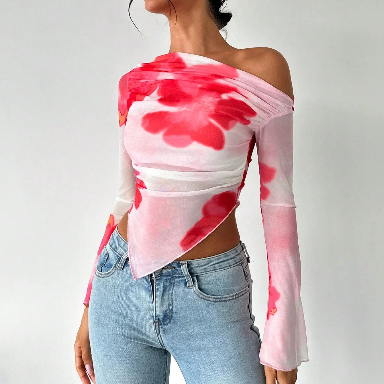 Spring and Summer Design Sense Irregular Oblique Shoulder Tie-dye Print Design Long Sleeve T-shirt Slim-fit Blouse Woman