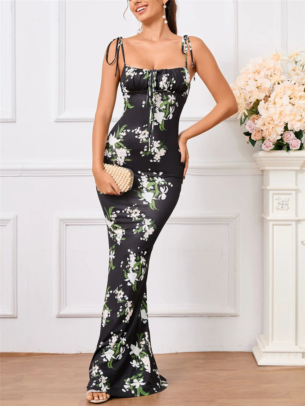 Josiaoprah Sexy V-Neck long maxi dress Elegant vintage floral printed party dress Spring summer holiday style dresses vestido