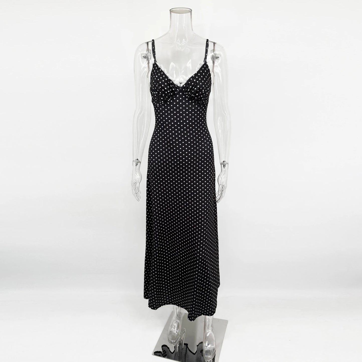 Tornova Polka Dot Suspender Long Dress Women's Sexy Deep V Neck Lace Splice Elegant Dress Vacation Slim Dresses 2025 Summer New
