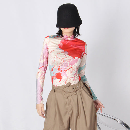 Women's Fashionable Vintage Printed Turtleneck Long Sleeve Slim Bottoming Shirt