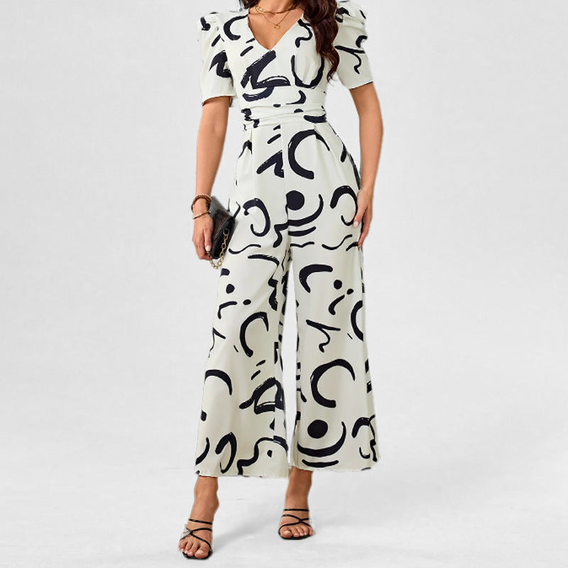 Chic V-neck Cinched-waist Wide-leg Jumpsuit