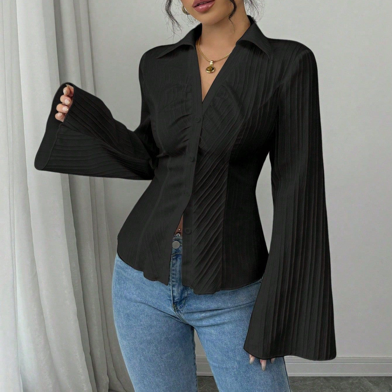 Elegant V-neck Striped Flare Sleeve Blouse