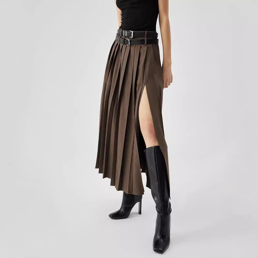 High Waist Slimming Slit Pleated Skirt
