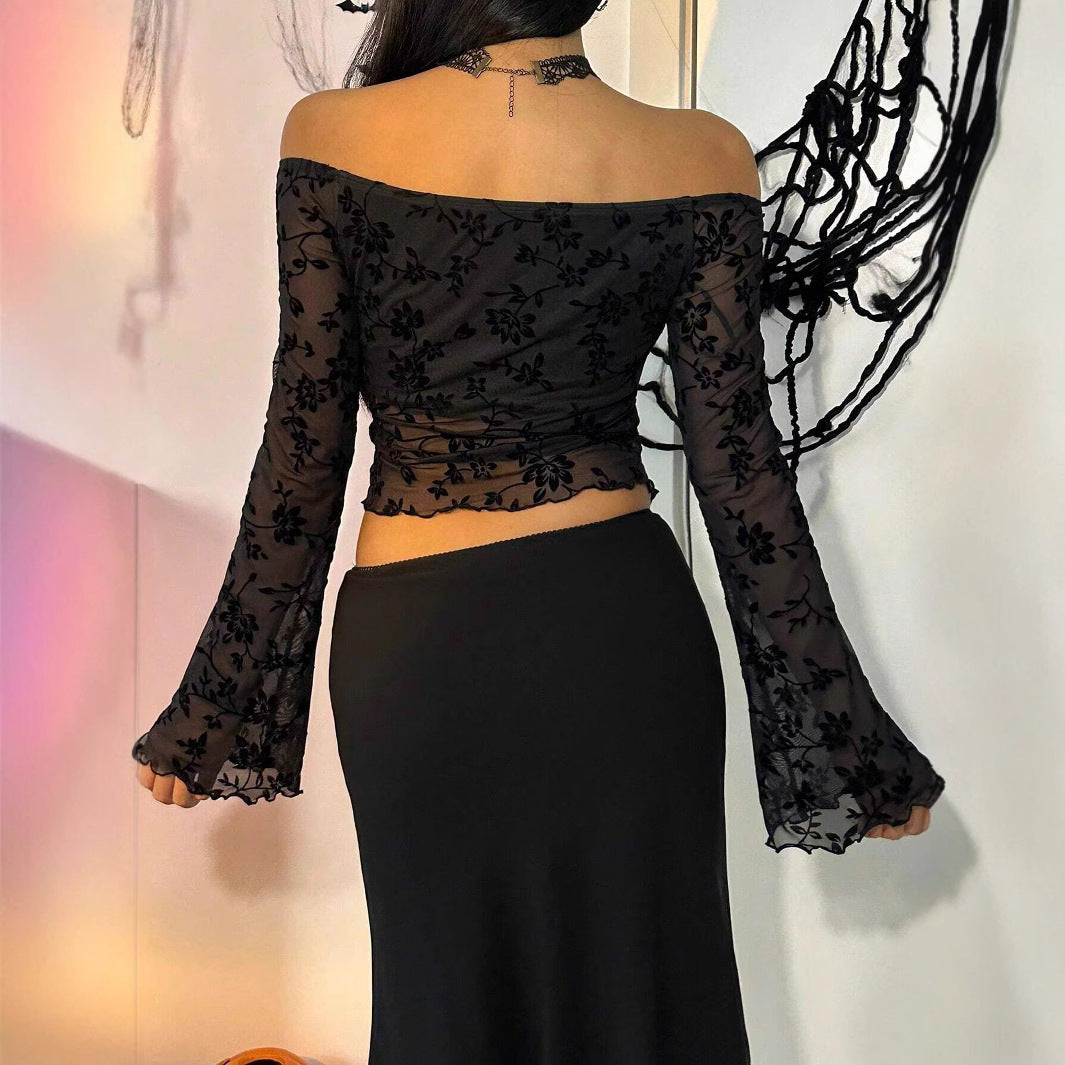 Floral Mesh Off-the-Shoulder Flare-Sleeve Top