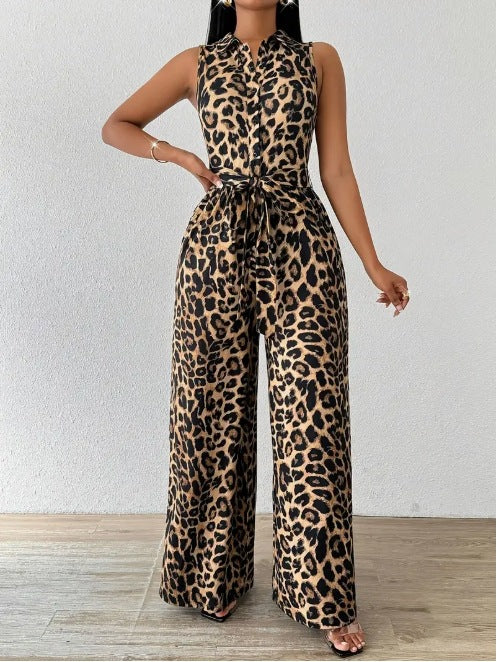 Wide Leg Lace Leopard Print Jumpsuit