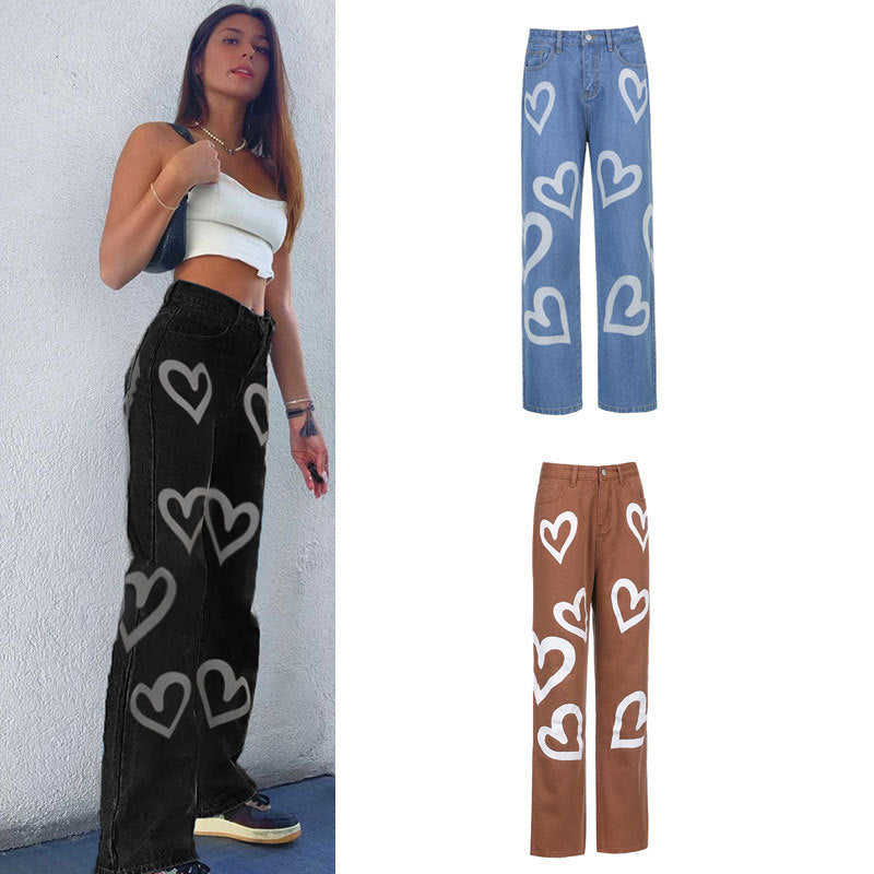 Wide-leg Jeans Women's Love Print Straight Loose