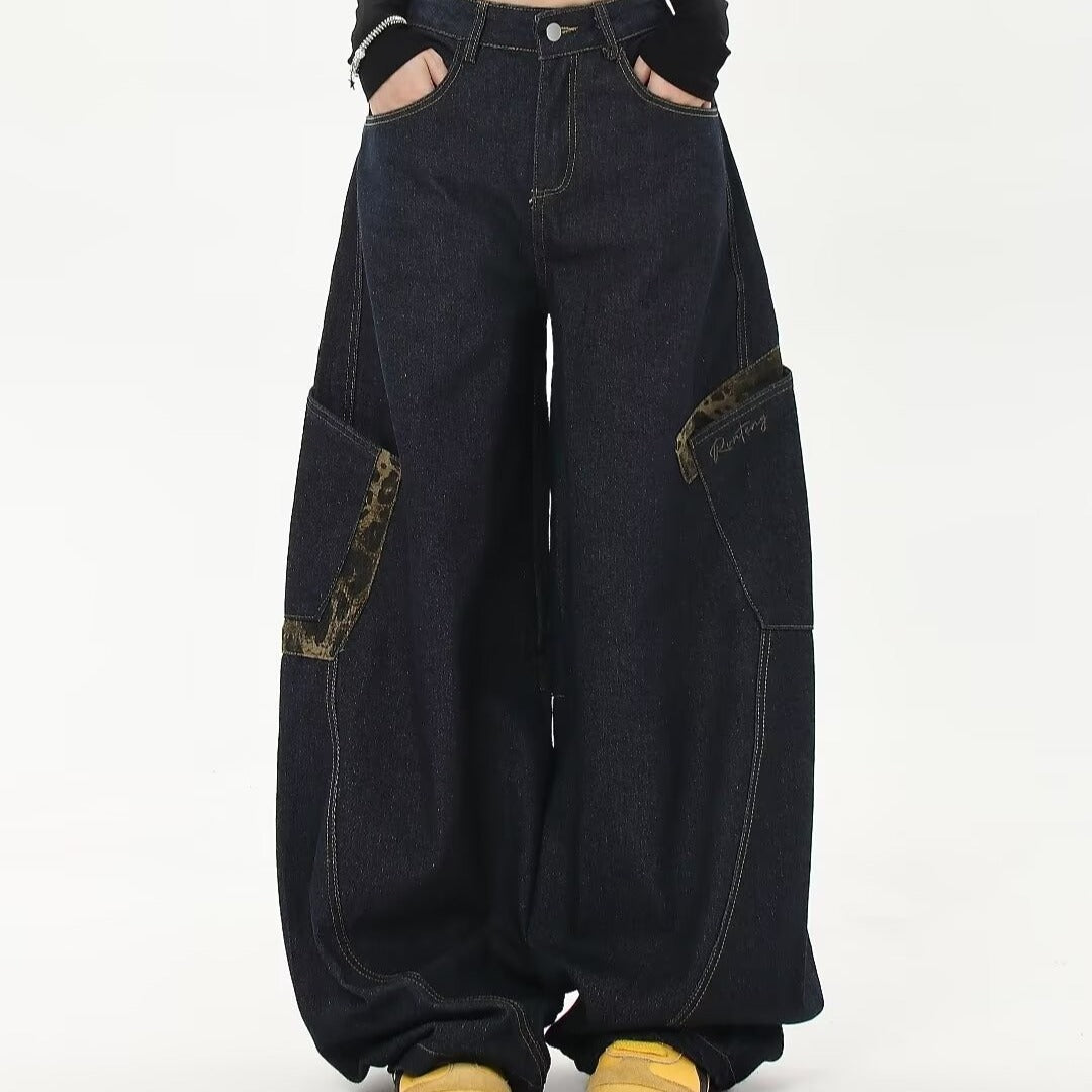 Vintage Leopard Print Patchwork Large Pocket Jeans