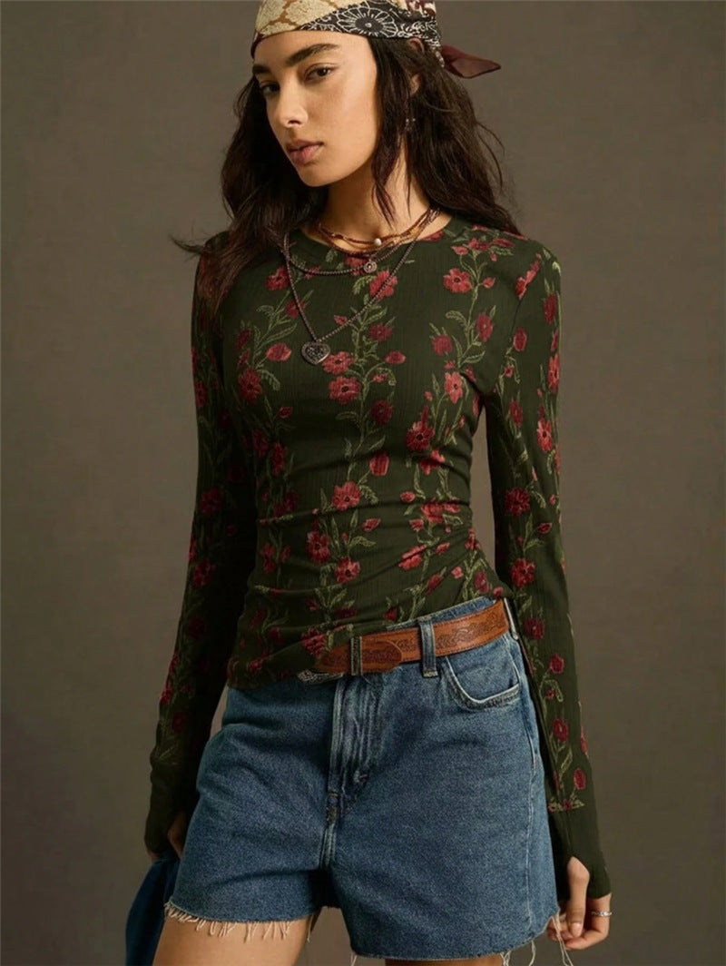 Retro Floral-print Knit Slim-fit Blouse Top