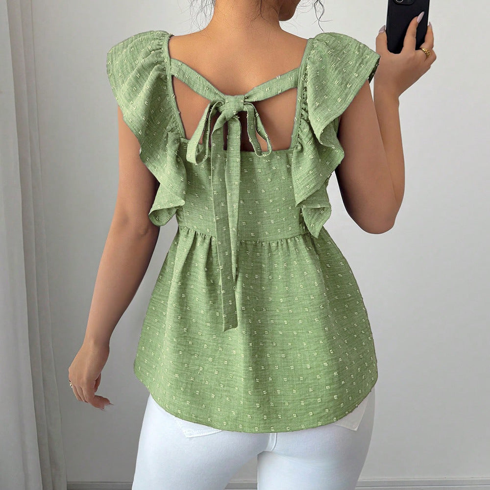 Korean-style Polka-dot Printed Bishop-sleeve Top