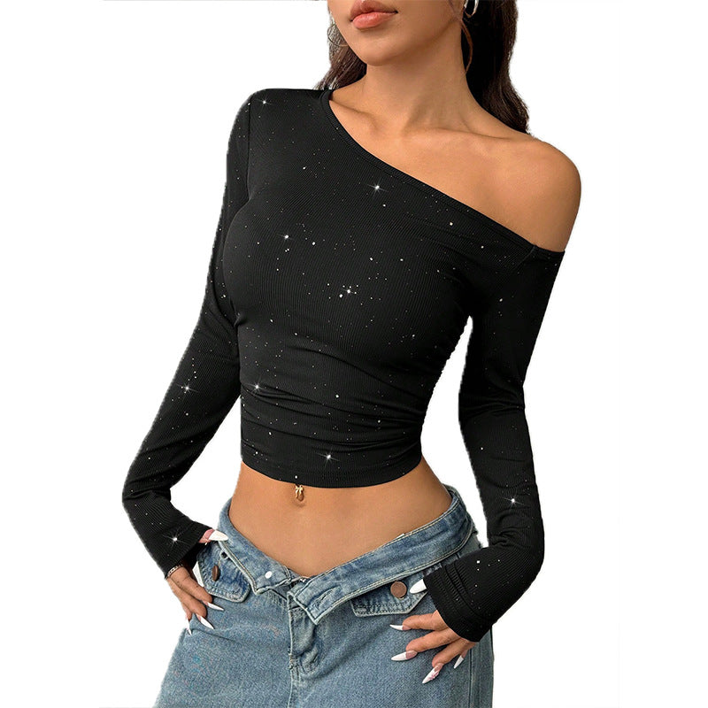 Rhinestone Shoulder Slimfit Long Sleeve black crop top
