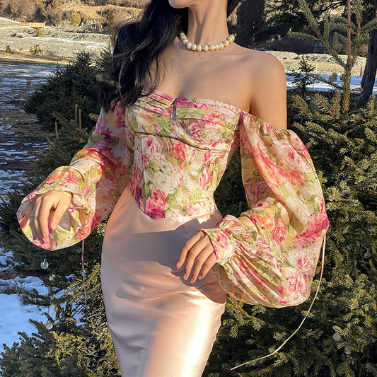 Off-the-shoulder Long-sleeve Floral Chiffon Shirt Thin French