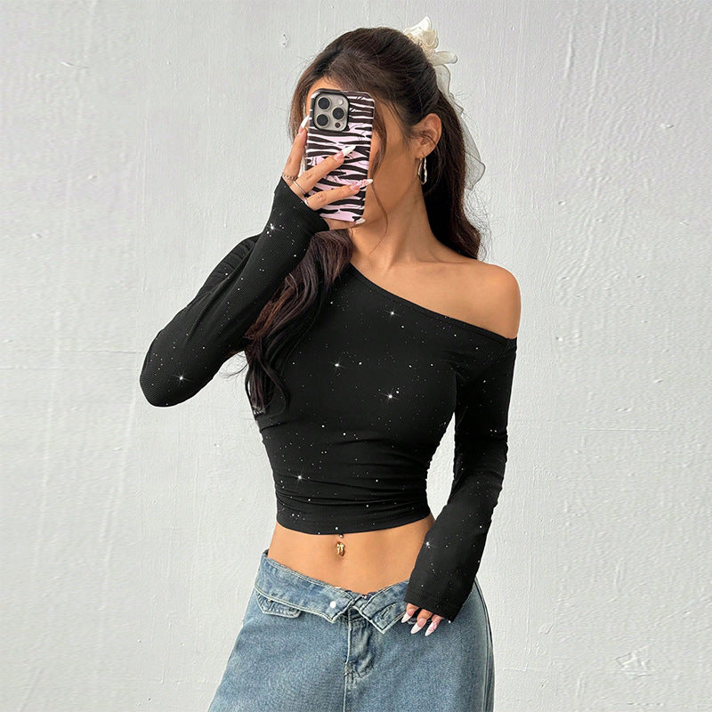 Rhinestone Shoulder Slimfit Long Sleeve black crop top
