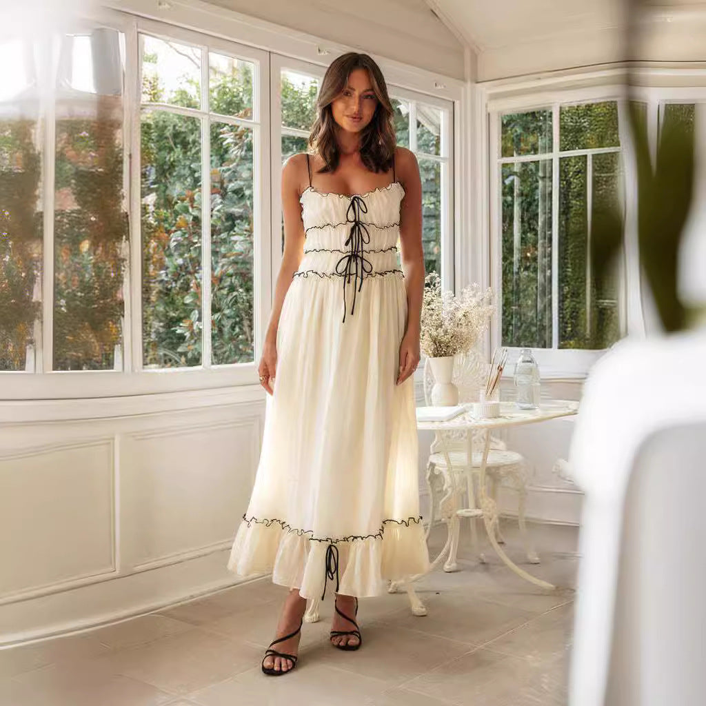 Summer Spaghetti Strap Long Dresses With Bow Pleat