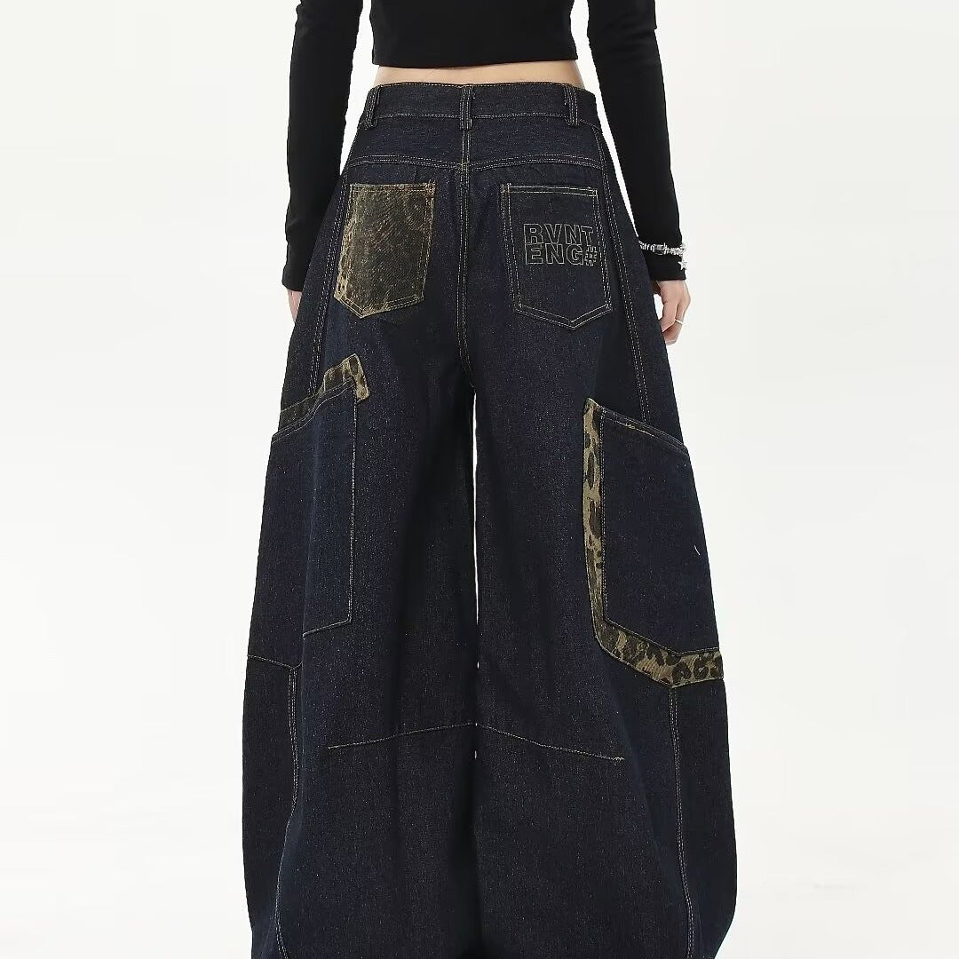 Vintage Leopard Print Patchwork Large Pocket Jeans