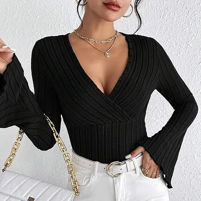 Sunken Stripe V-neck Flared Slim-fit Blouse