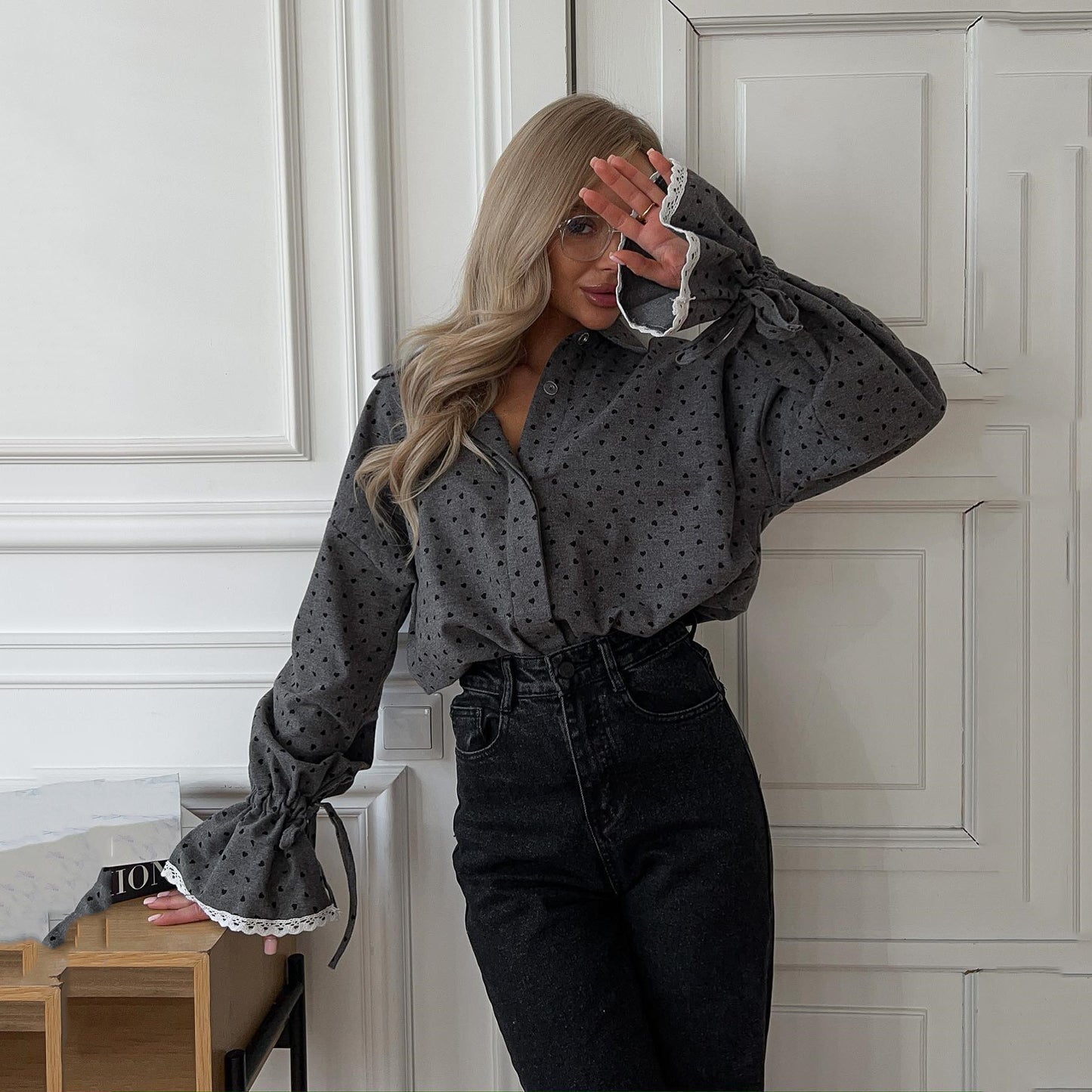 Polka Love Lace Trim Hand Shirt Blouse