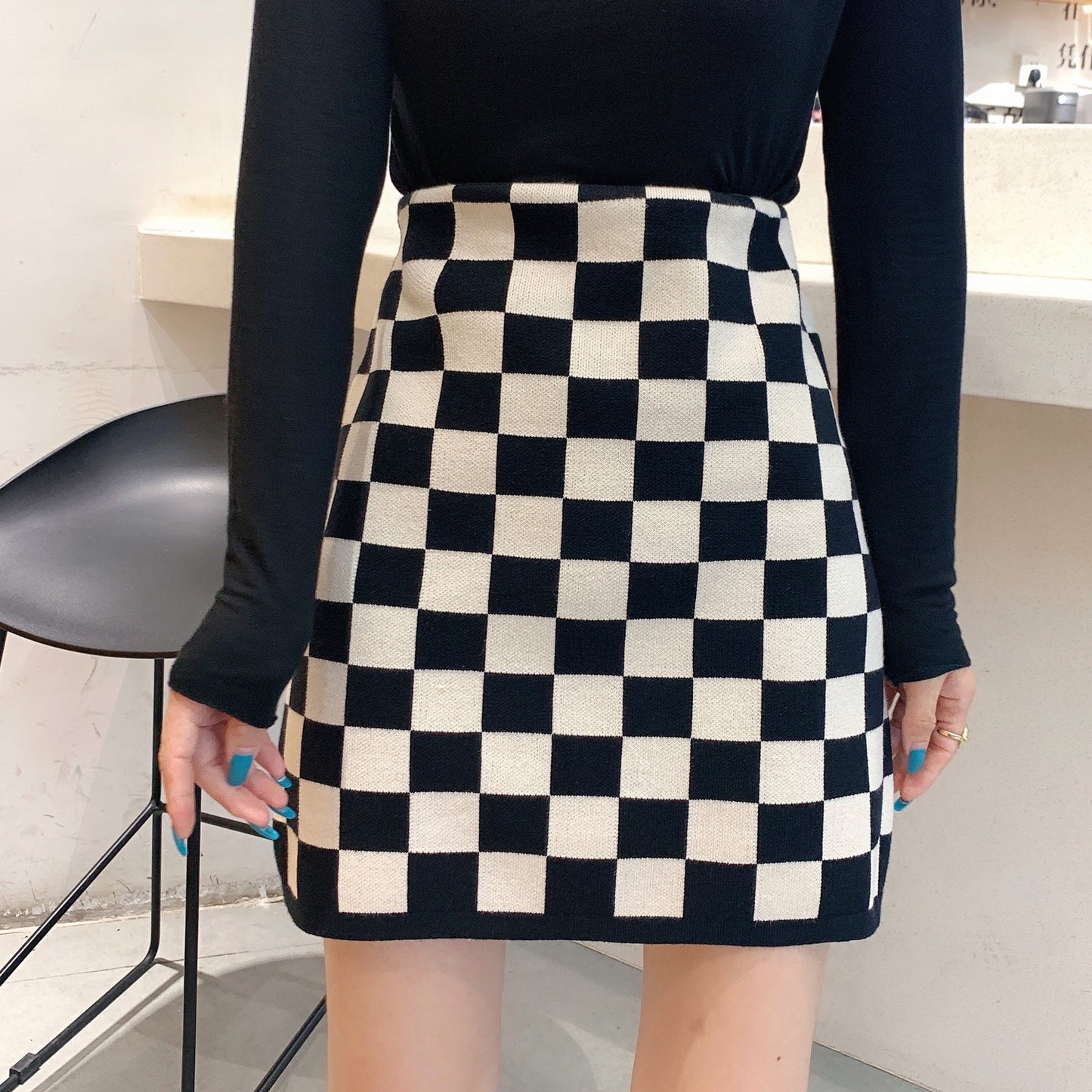 High-waist Plaid Knitted Skirt