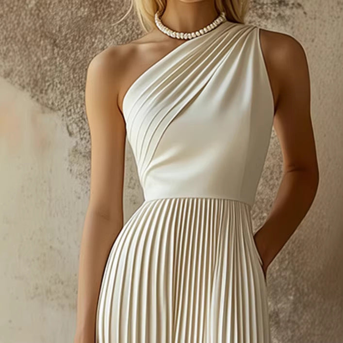 White Pleated One Sleeve Dress