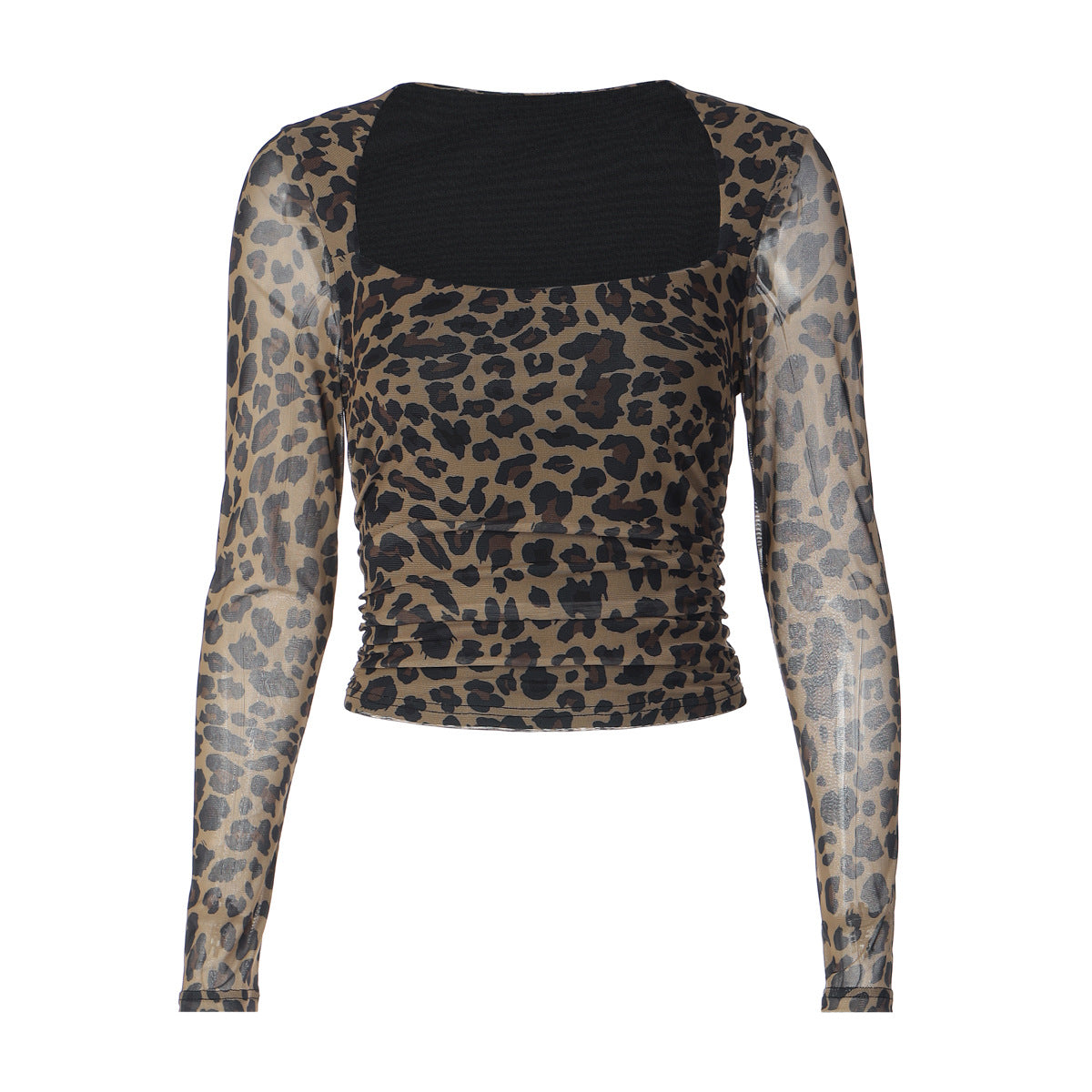 Autumn Transparent Leopard Print Mesh Crewneck Long Sleeve Top