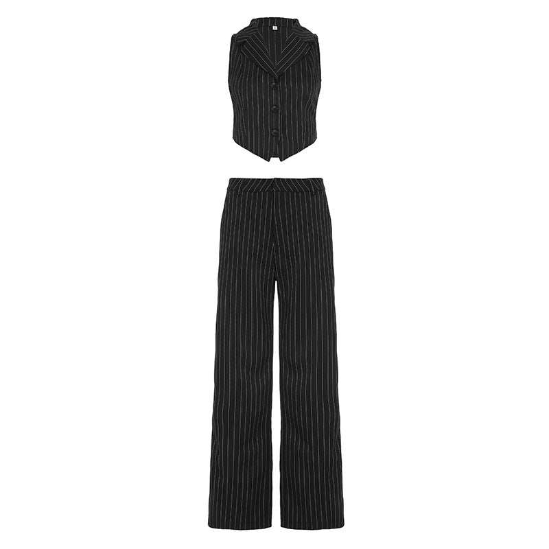 Suit Collar Breasted Striped Vest Commuter Low Waist Pants Suit