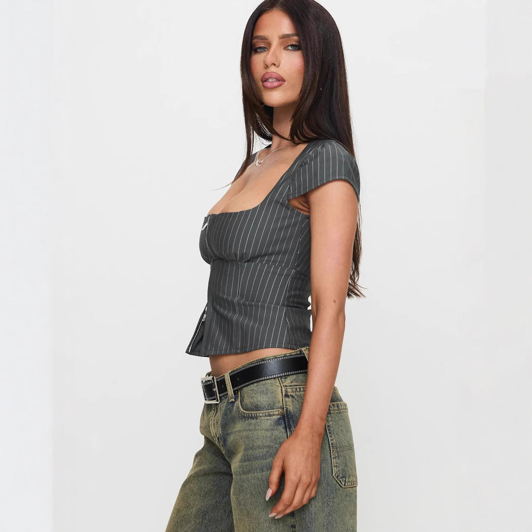 Retro Square-neck Short-sleeve Top With Double Zippers