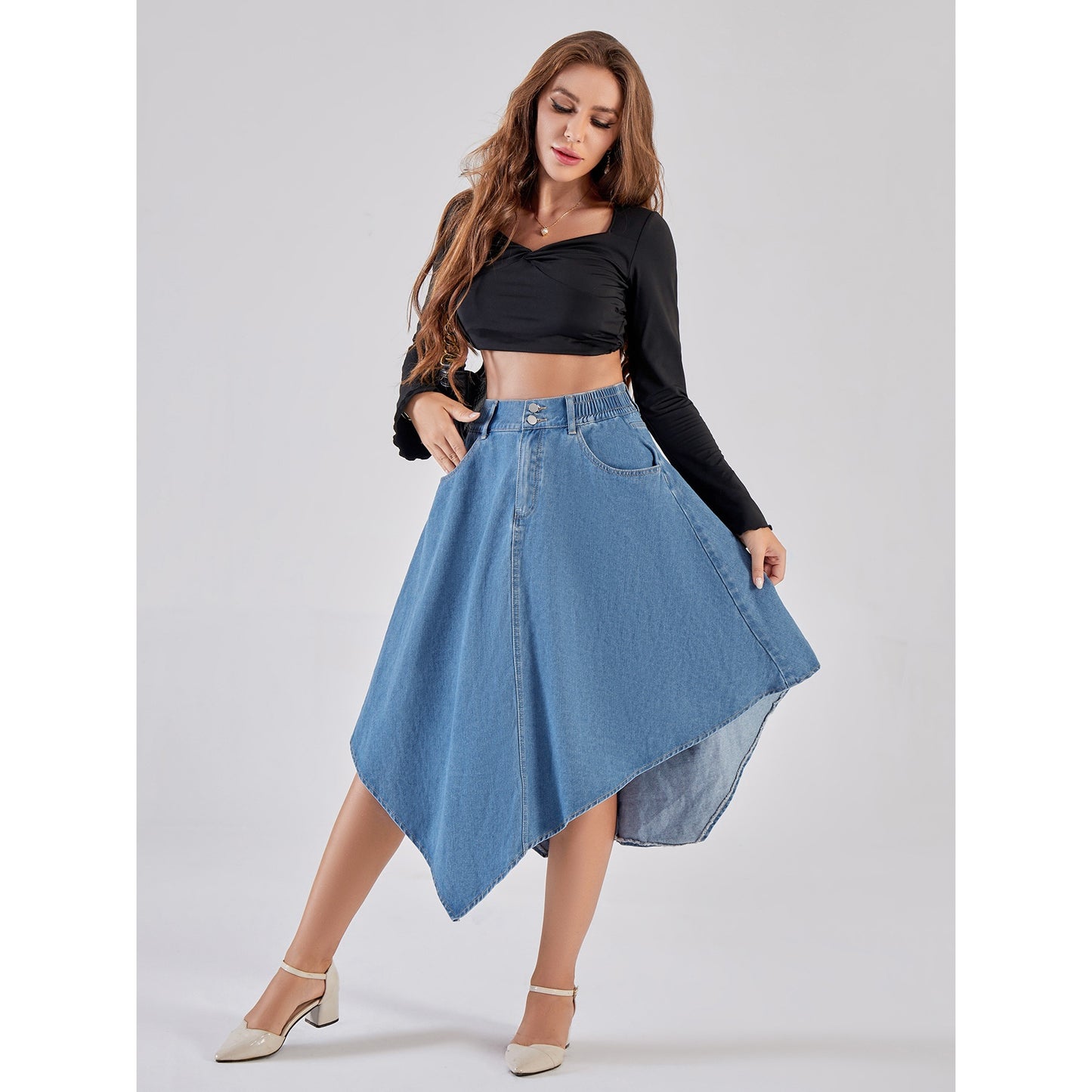 Asymmetric Denim High-Waisted Skirt