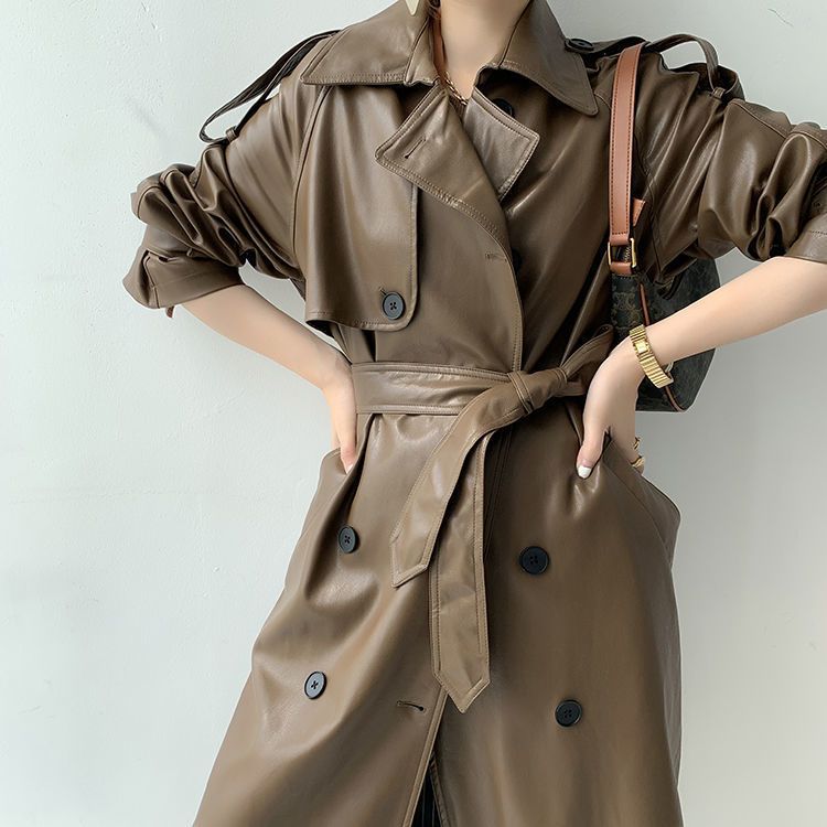 Mid-length Waist Slimming Pu Coat