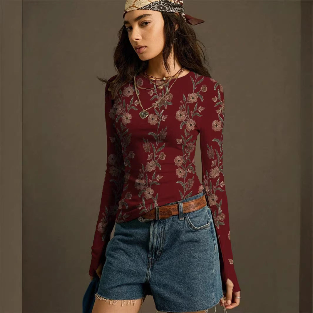 Retro Floral-print Knit Slim-fit Blouse Top