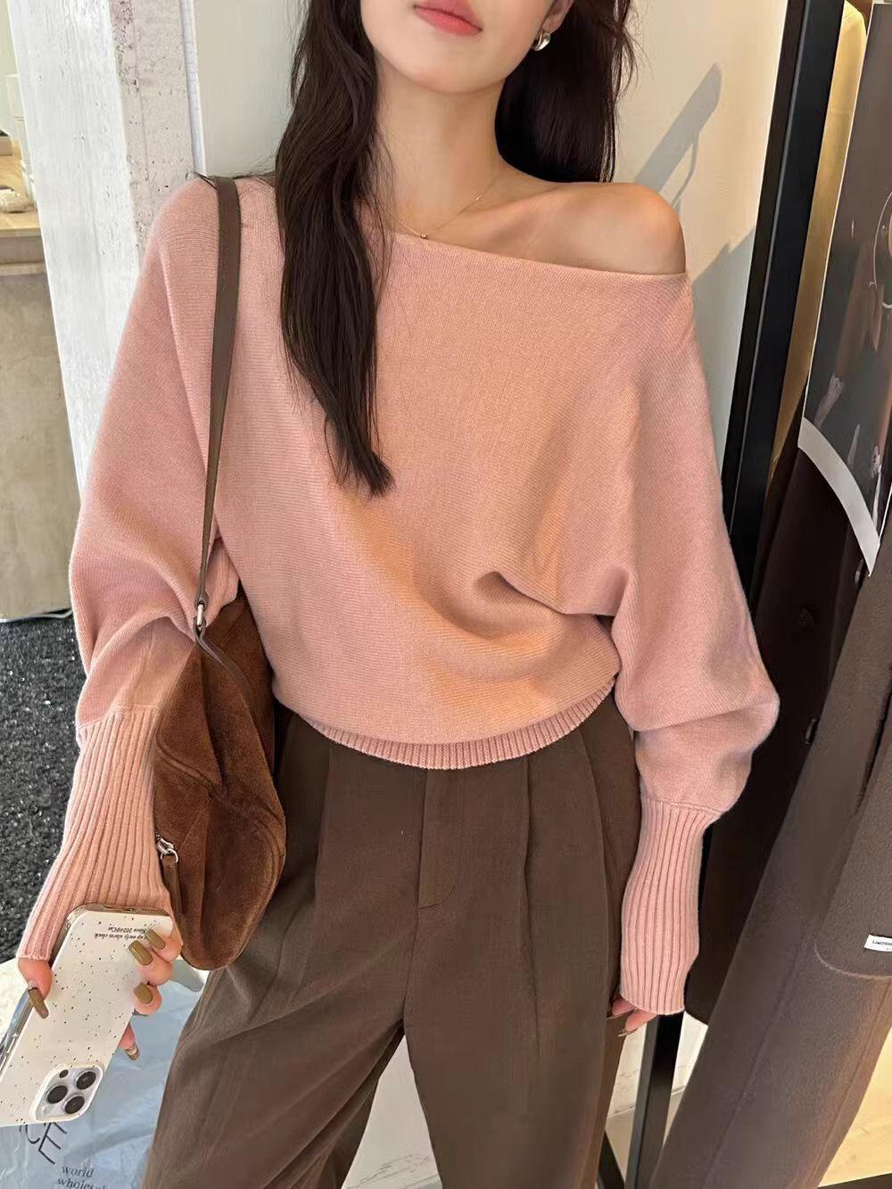 Long-sleeve Knit Top Slanted Shoulder Blouse