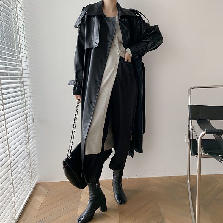 Mid-length Waist Slimming Pu Coat