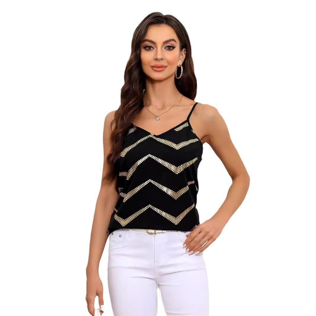 Women's V-neck Bronzing Back Cross Backless Sling Top Blouse