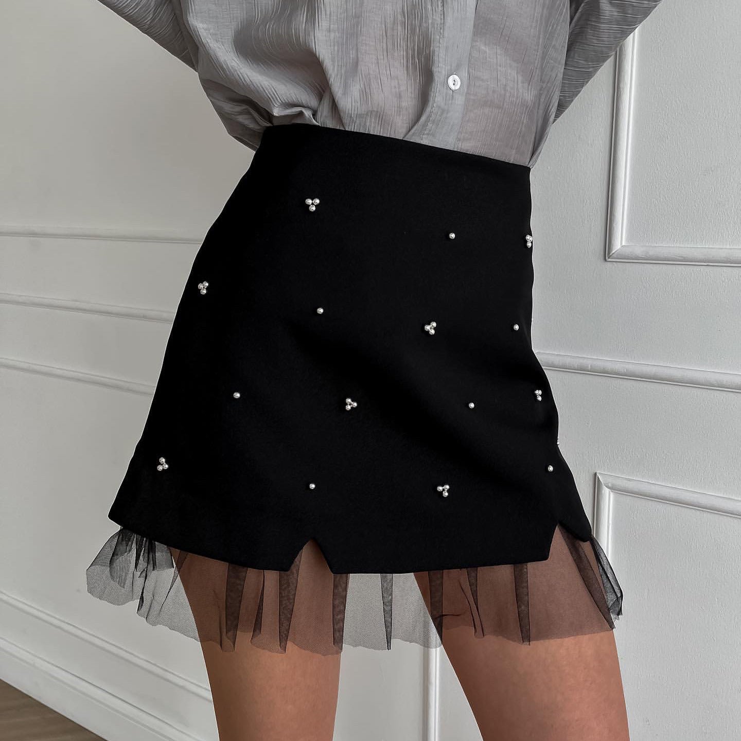 Mesh Stitching Beaded Mini Skirt