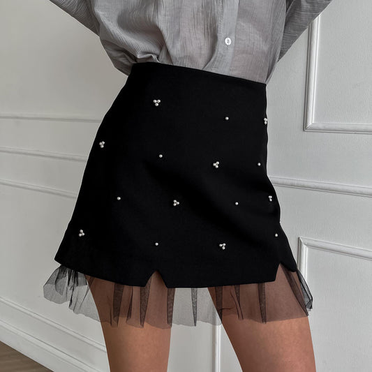 Mesh Stitching Beaded Mini Skirt