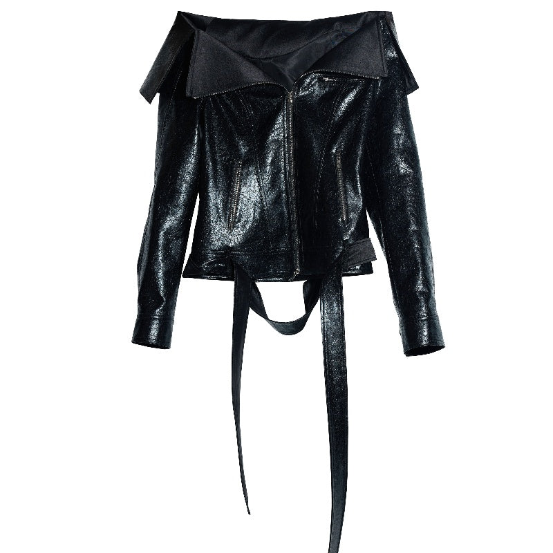 Off-shoulder Chapped PU Leather Narrow Jacket Outerwear